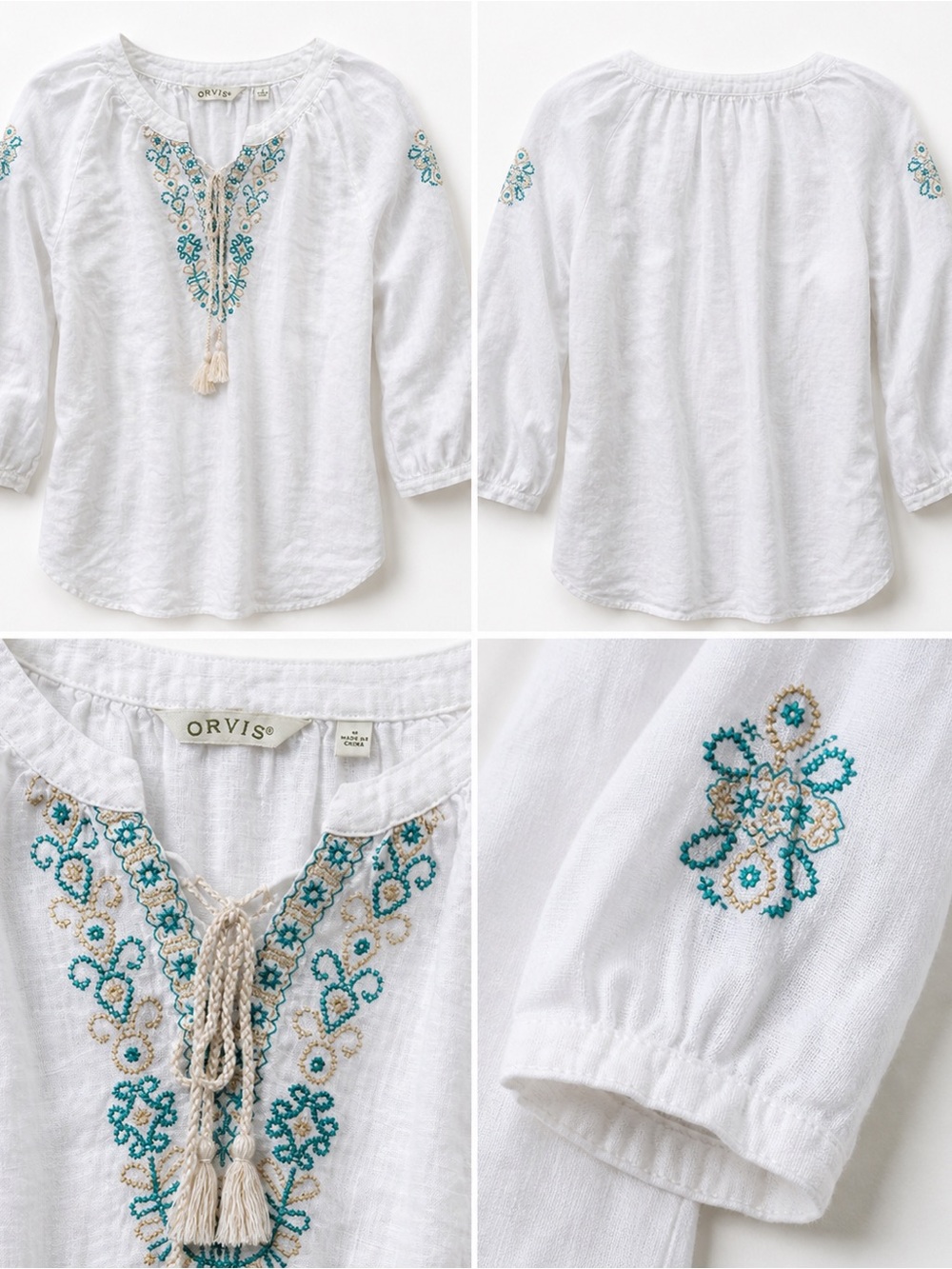 Orvis White Linen Blouse with Teal Embroidery